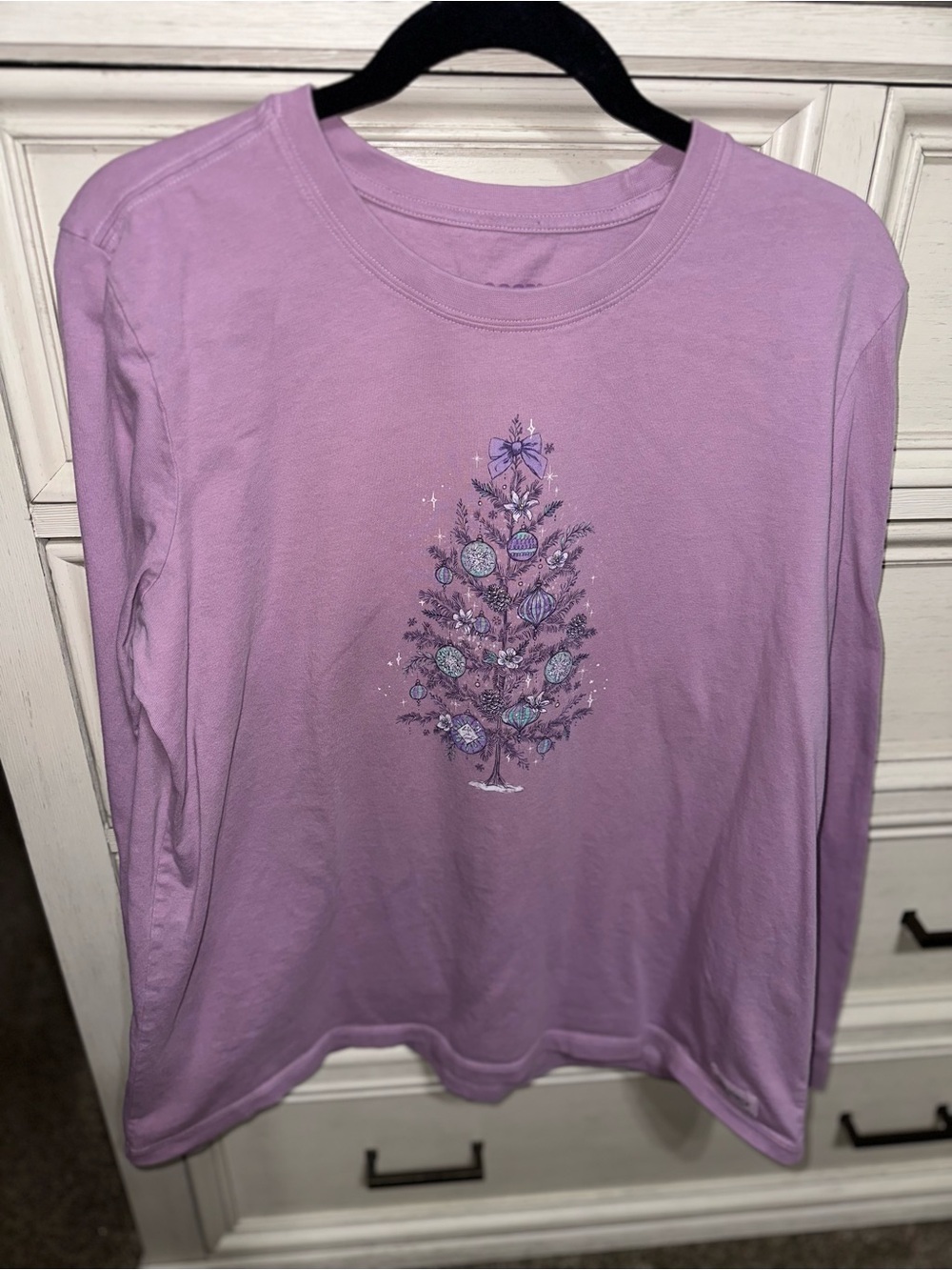 Life Is Good Lavender Long Sleeve Tee with Holiday Tree Graphic